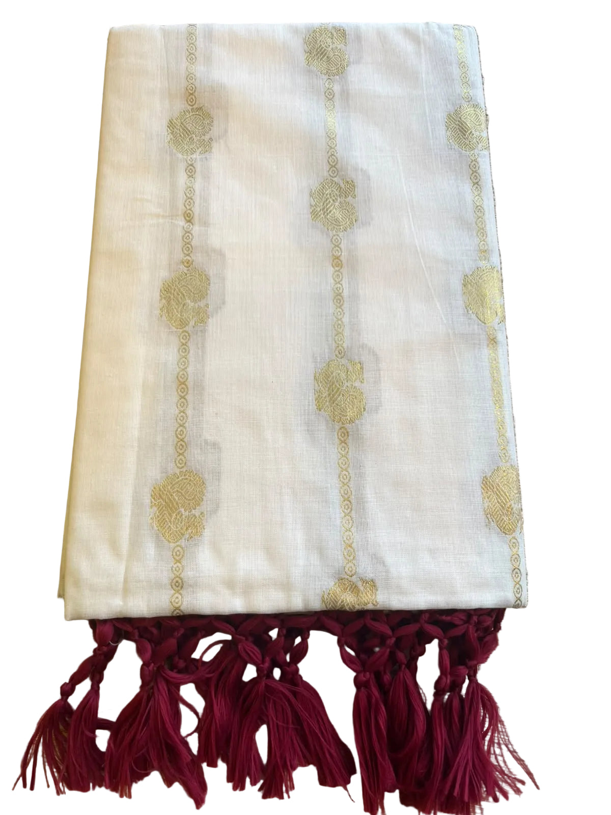 Southloom Kerala Cotton Peacock Design Saree With Maroon Tassels SL534