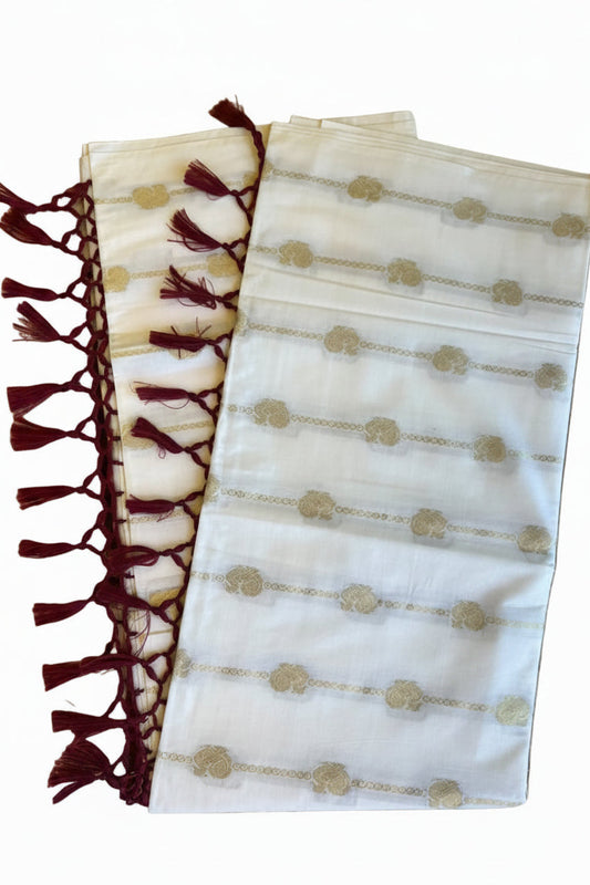 Southloom Kerala Cotton Peacock Design Saree With Maroon Tassels SL534