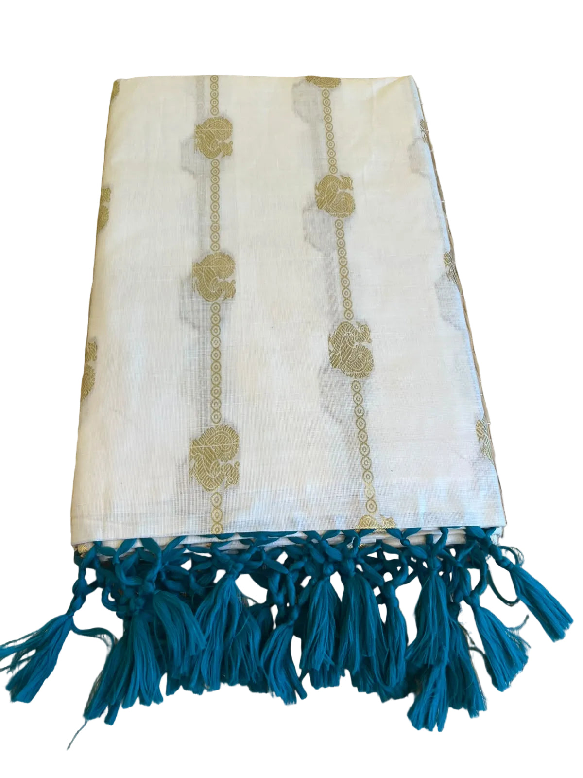 Southloom Kerala Cotton Peacock Design Saree With Turquoise Blue Tassels SL534
