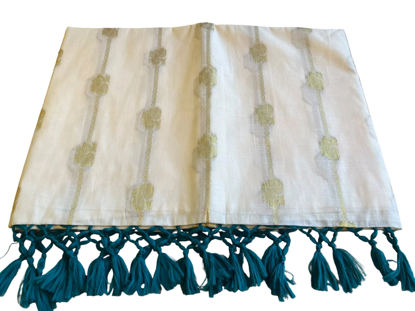 Southloom Kerala Cotton Peacock Design Saree With Turquoise Blue Tassels SL534