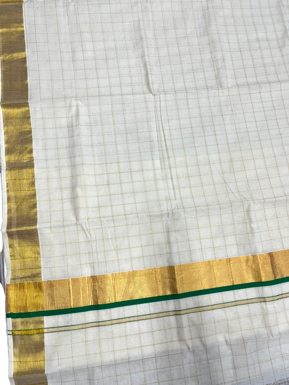 Southloom Pure Cotton  Kerala  Kasavu Woven Check Saree with Green Border