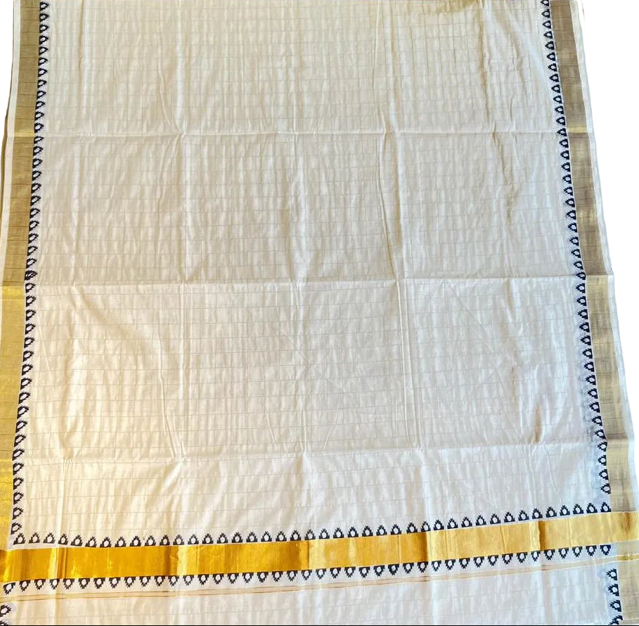 Southloom Kerala Cotton Temple Printed Saree With Check On The Body SL540