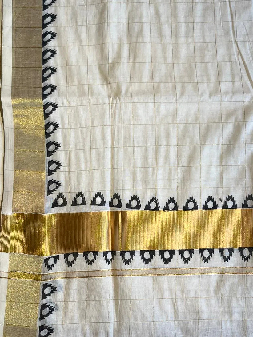 Southloom Kerala Cotton Temple Printed Saree With Check On The Body SL540