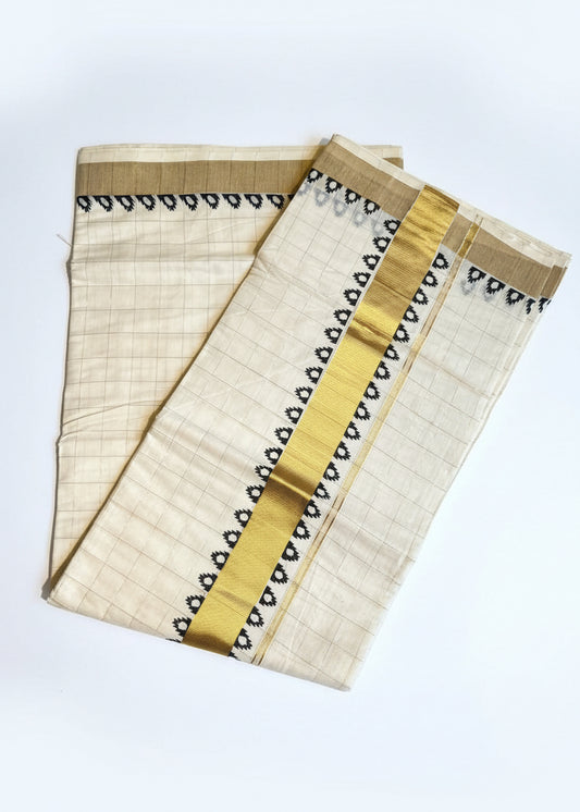 Southloom Kerala Cotton Temple Printed Saree With Check On The Body SL540