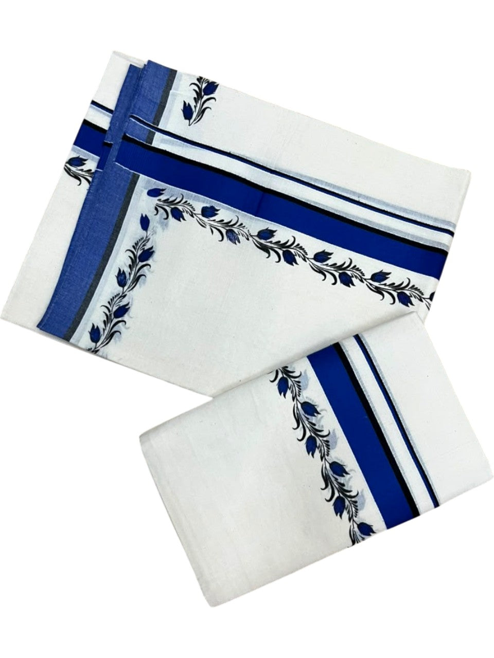 Southloom Pure Cotton Kerala Single Set Mundu (Mundum Neriyathum) with Digital Prints in Blue 2.75 Mtrs SL538