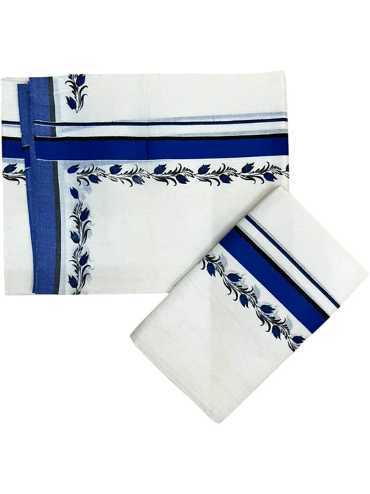 Southloom Pure Cotton Kerala Single Set Mundu (Mundum Neriyathum) with Digital Prints in Blue 2.75 Mtrs SL538