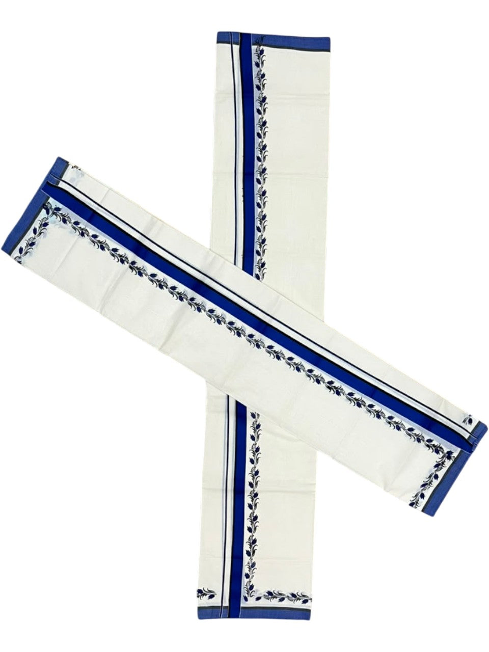 Southloom Pure Cotton Kerala Single Set Mundu (Mundum Neriyathum) with Digital Prints in Blue 2.75 Mtrs SL538