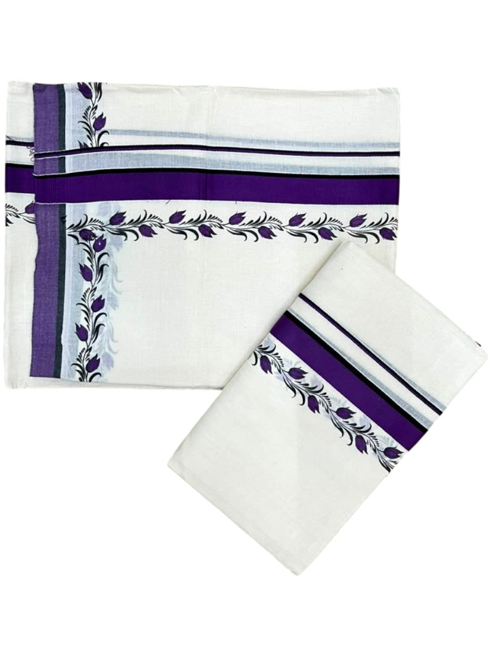Southloom Pure Cotton Kerala Single Set Mundu (Mundum Neriyathum) with Digital Prints in Violet  2.75 Mtrs SL538