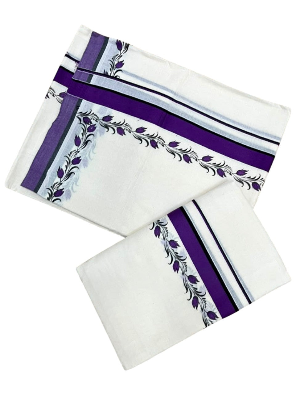 Southloom Pure Cotton Kerala Single Set Mundu (Mundum Neriyathum) with Digital Prints in Violet  2.75 Mtrs SL538