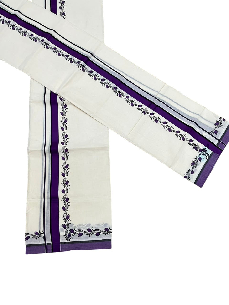 Southloom Pure Cotton Kerala Single Set Mundu (Mundum Neriyathum) with Digital Prints in Violet  2.75 Mtrs SL538