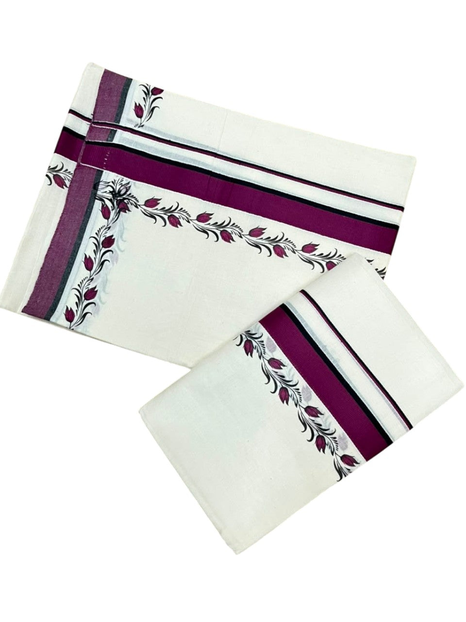 Southloom Pure Cotton Kerala Single Set Mundu (Mundum Neriyathum) with Digital Prints in Purple  2.75 Mtrs SL538