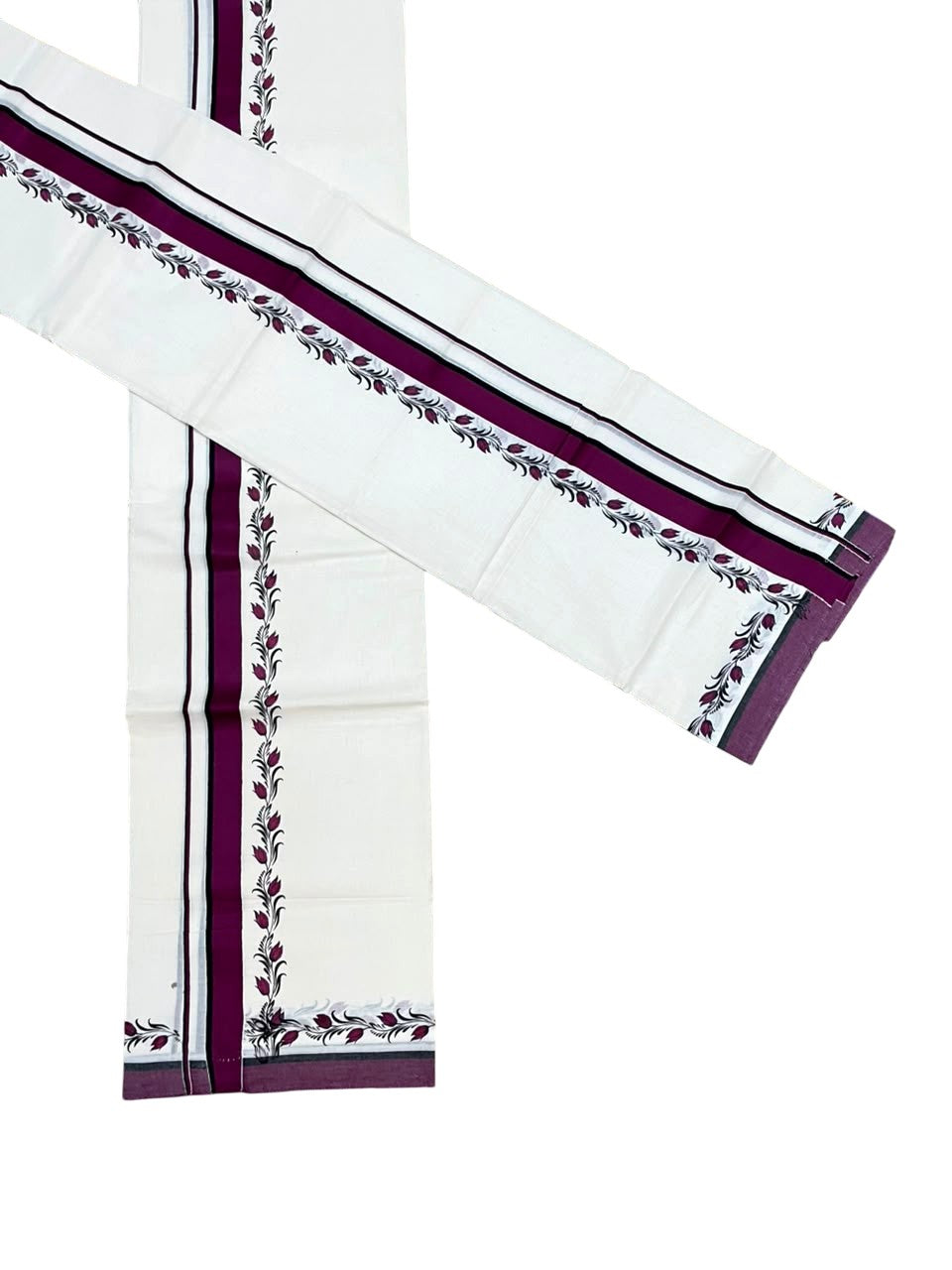Southloom Pure Cotton Kerala Single Set Mundu (Mundum Neriyathum) with Digital Prints in Purple  2.75 Mtrs SL538
