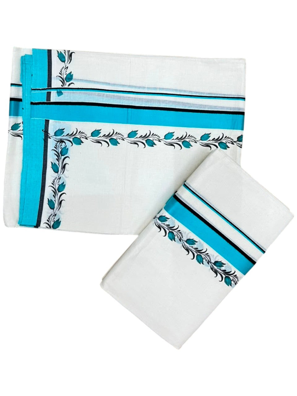 Southloom Pure Cotton Kerala Single Set Mundu (Mundum Neriyathum) with Digital Prints in Blue 2.75 Mtrs SL538