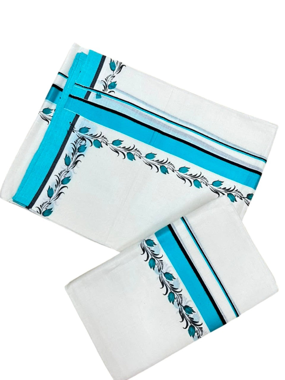 Southloom Pure Cotton Kerala Single Set Mundu (Mundum Neriyathum) with Digital Prints in Blue 2.75 Mtrs SL538