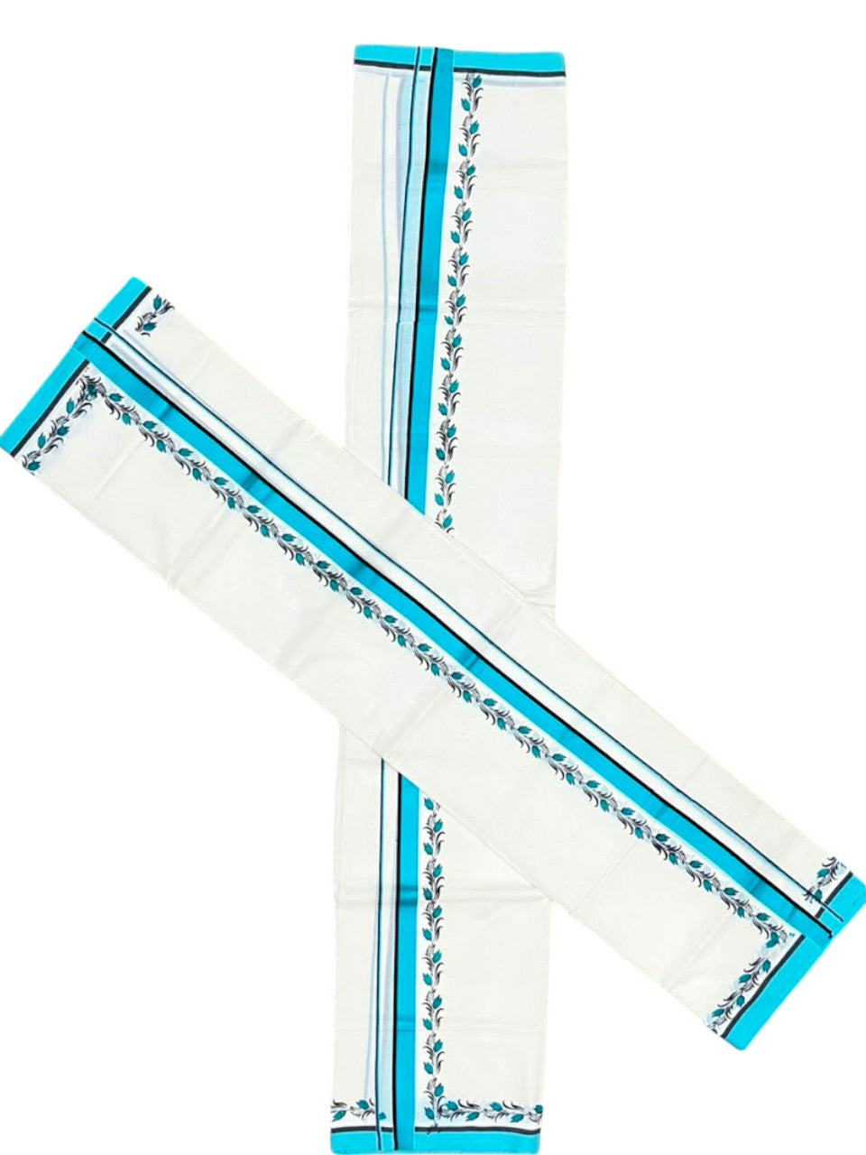 Southloom Pure Cotton Kerala Single Set Mundu (Mundum Neriyathum) with Digital Prints in Blue 2.75 Mtrs SL538