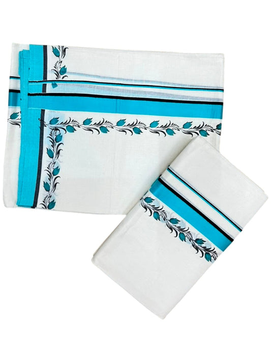 Southloom Pure Cotton Kerala Single Set Mundu (Mundum Neriyathum) with Digital Prints in Blue 2.75 Mtrs SL538