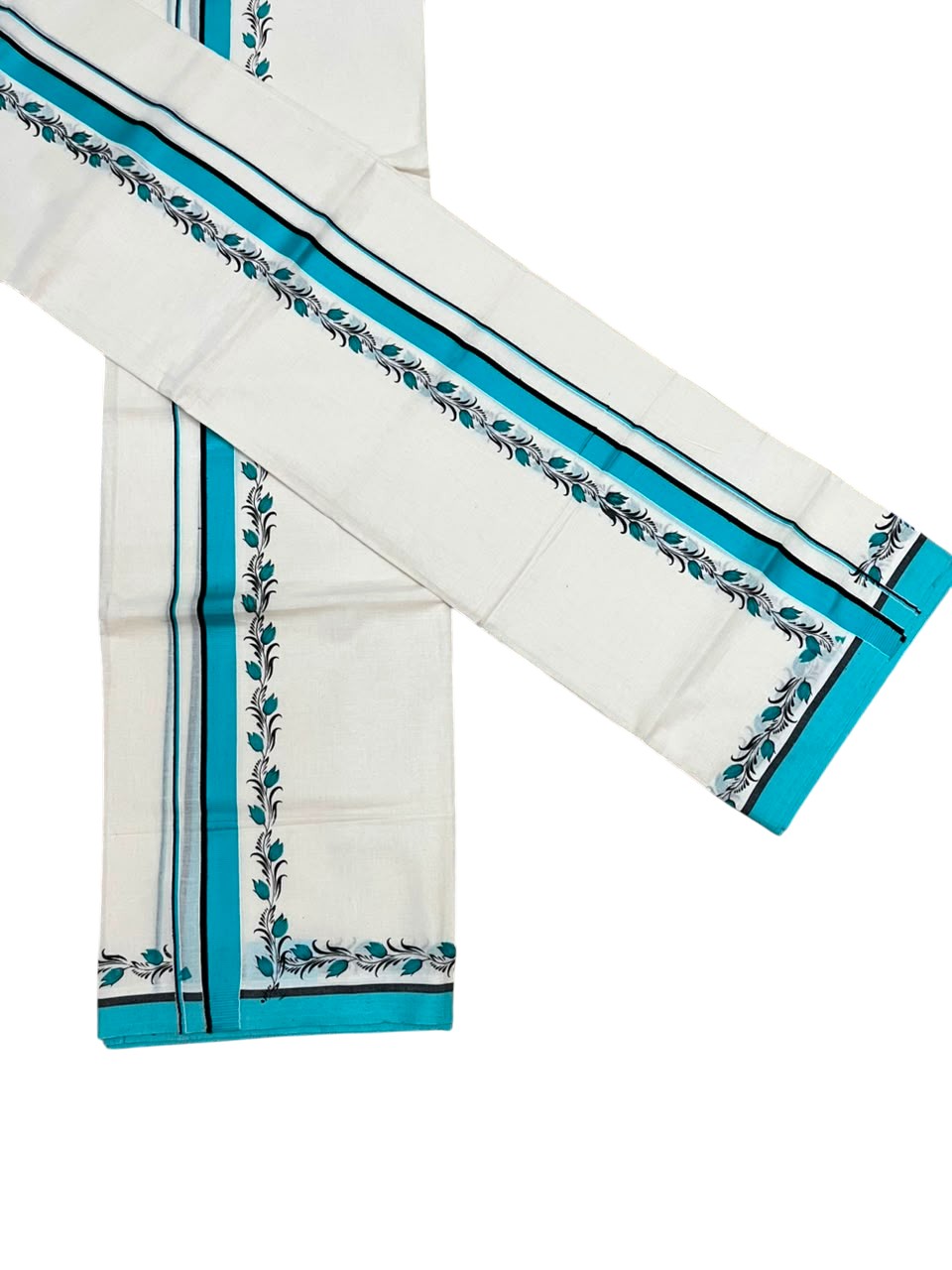 Southloom Pure Cotton Kerala Single Set Mundu (Mundum Neriyathum) with Digital Prints in Blue 2.75 Mtrs SL538