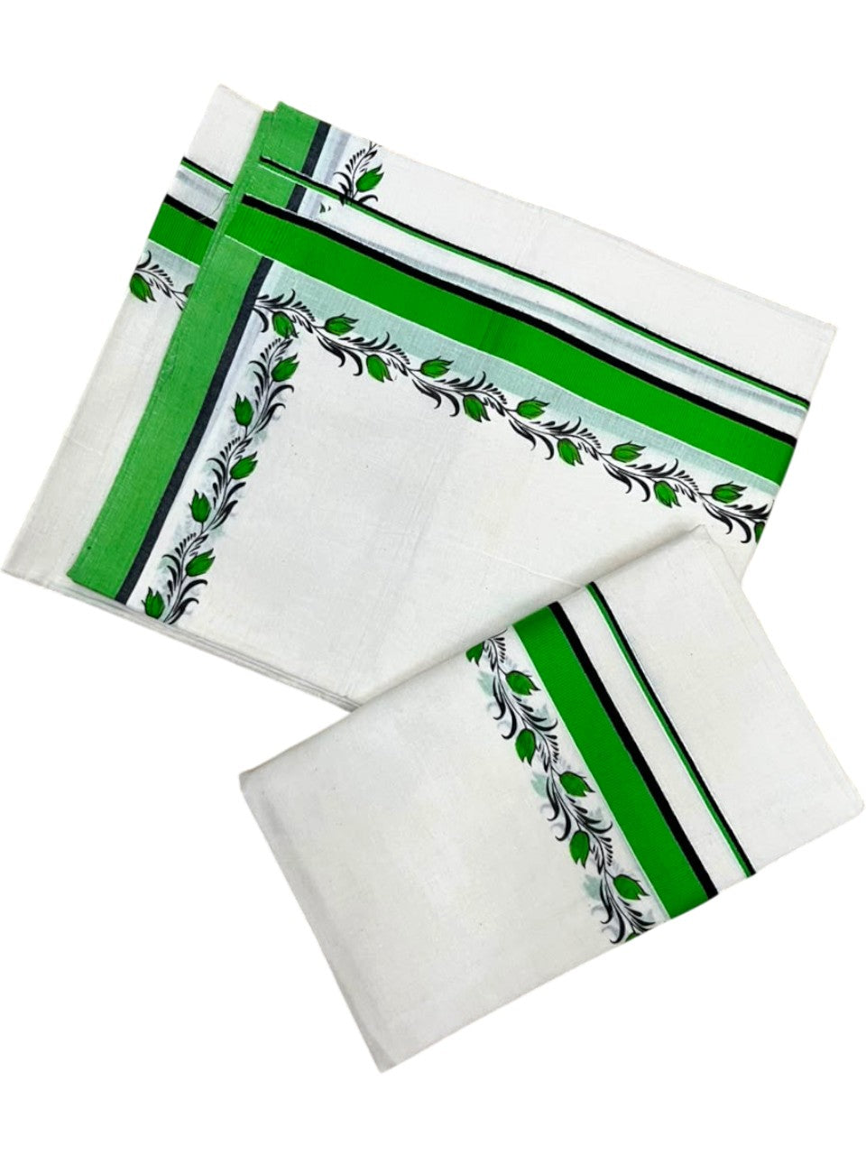 Southloom Pure Cotton Kerala Single Set Mundu (Mundum Neriyathum) with Digital Prints in Green 2.75 Mtrs SL538