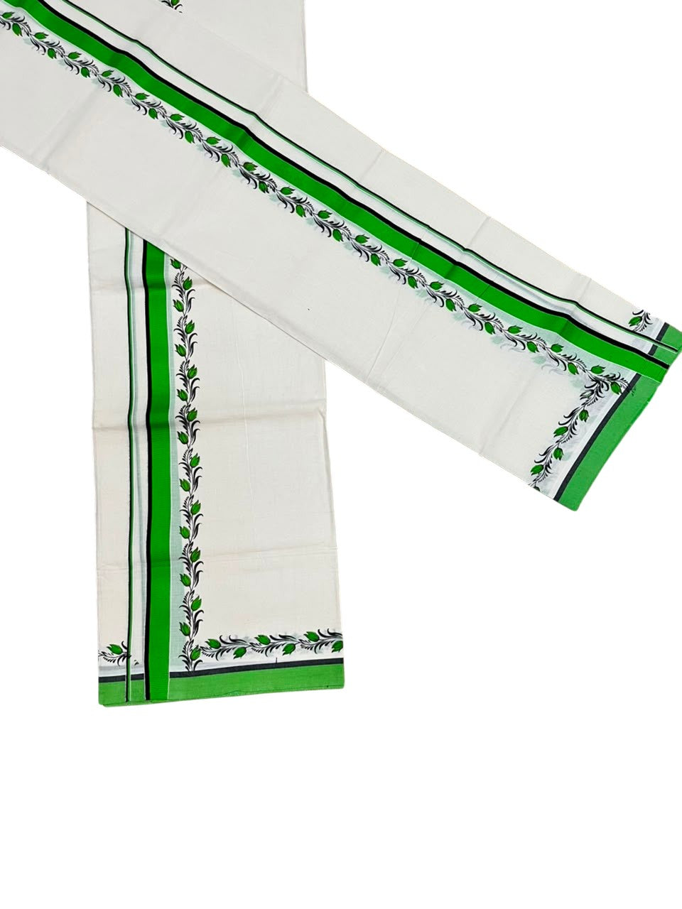 Southloom Pure Cotton Kerala Single Set Mundu (Mundum Neriyathum) with Digital Prints in Green 2.75 Mtrs SL538