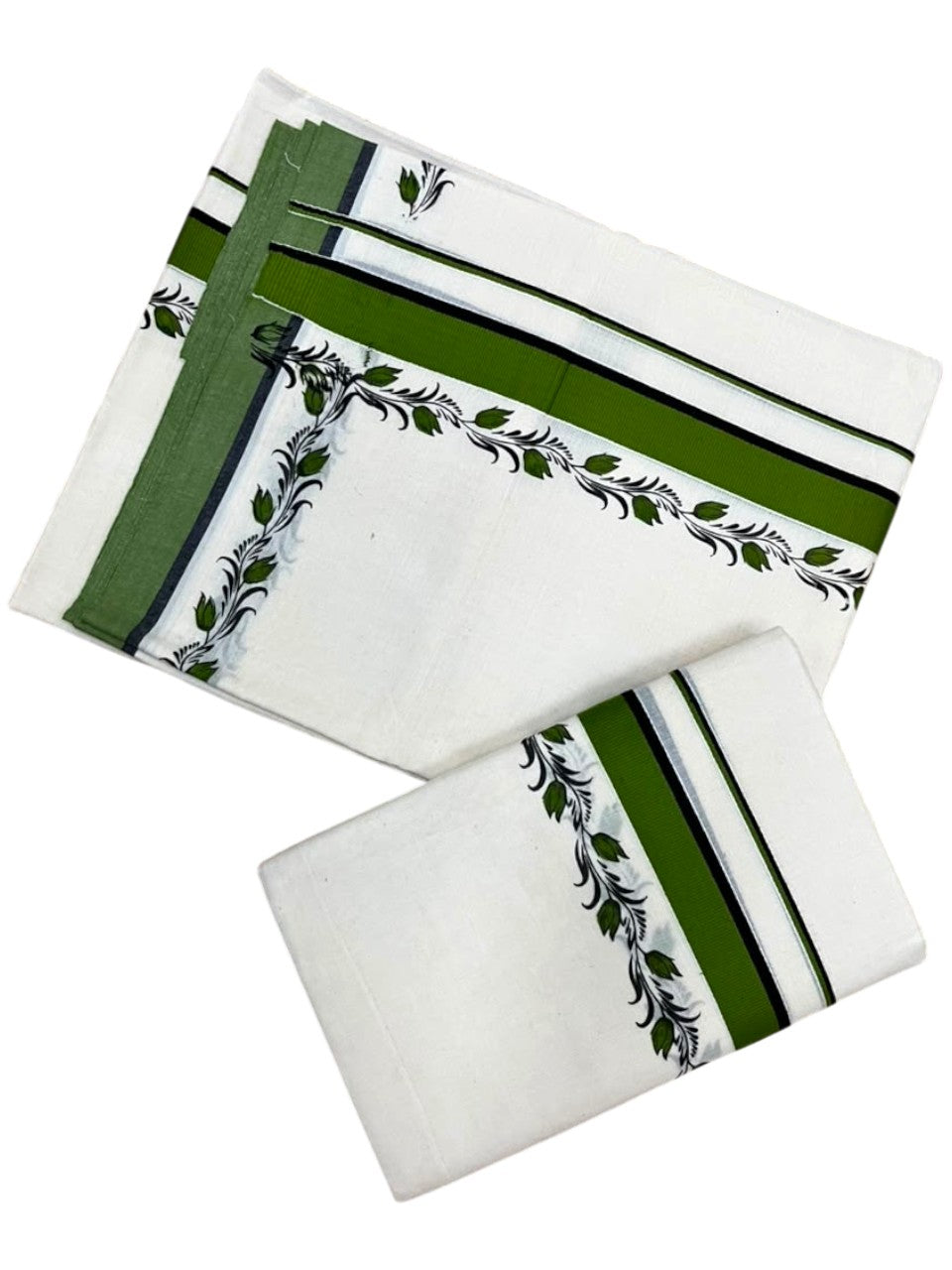 Southloom Pure Cotton Kerala Single Set Mundu (Mundum Neriyathum) with Digital Prints in Olive Green 2.75 Mtrs SL538