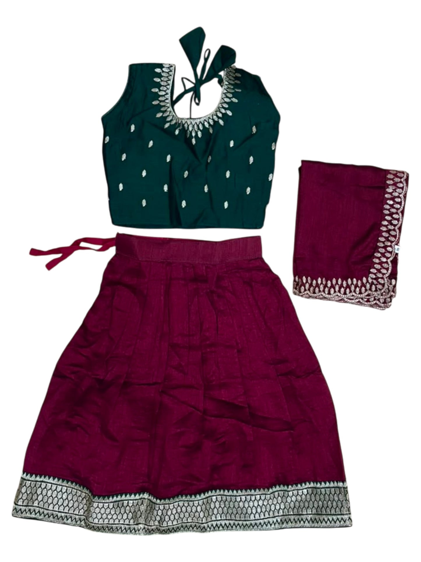 Southloom Georgette Kids Dhavani Set in Maroon and Green SLKDHAVANI