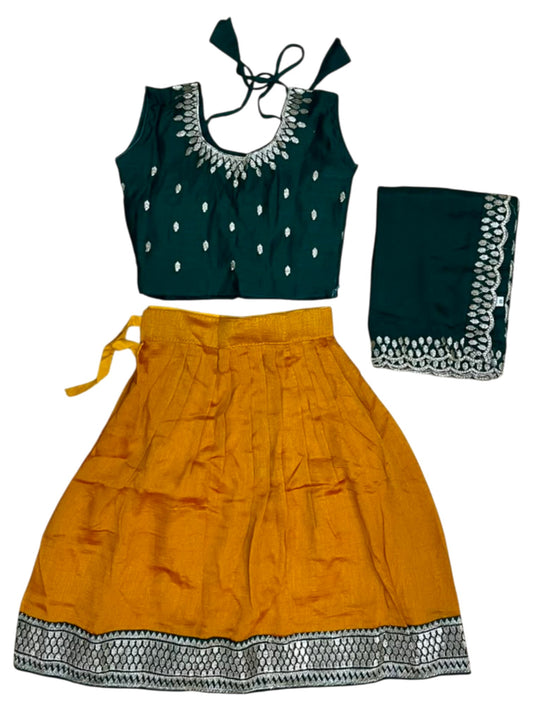 Southloom Georgette Kids Dhavani Set in Mustard Yellow and Green SLKDHAVANI