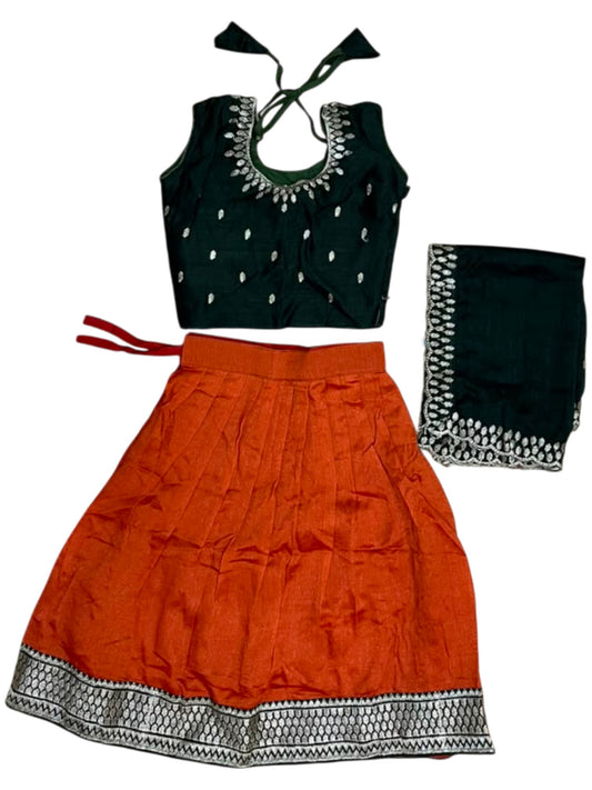 Southloom Georgette Kids Dhavani Set in Orange and Green SLKDHAVANI