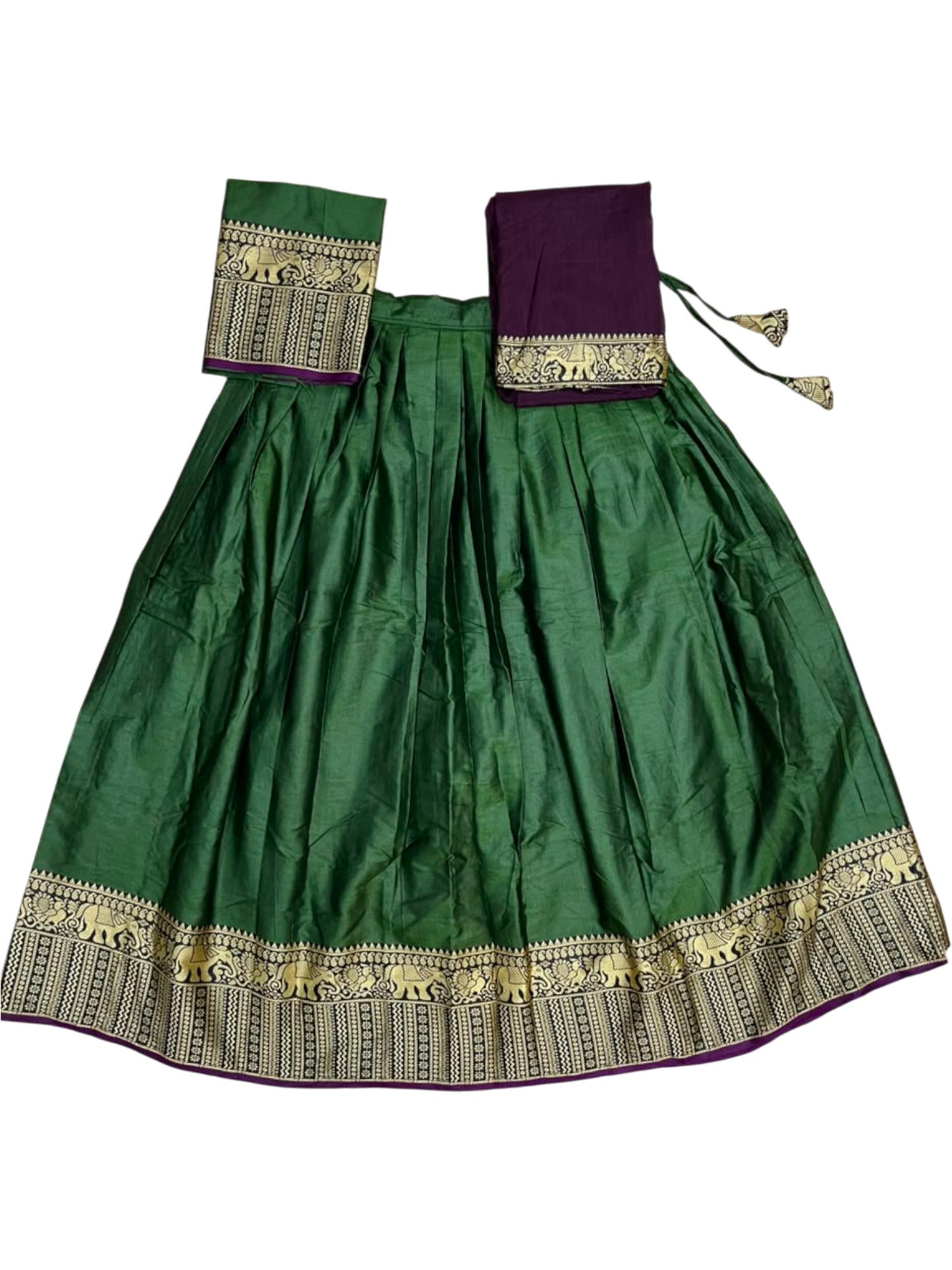 Southloom Semi Stitched Narayanpet Dhavani Set with Pavada and Olive Green Blouse Piece SLDHAVANI SL541