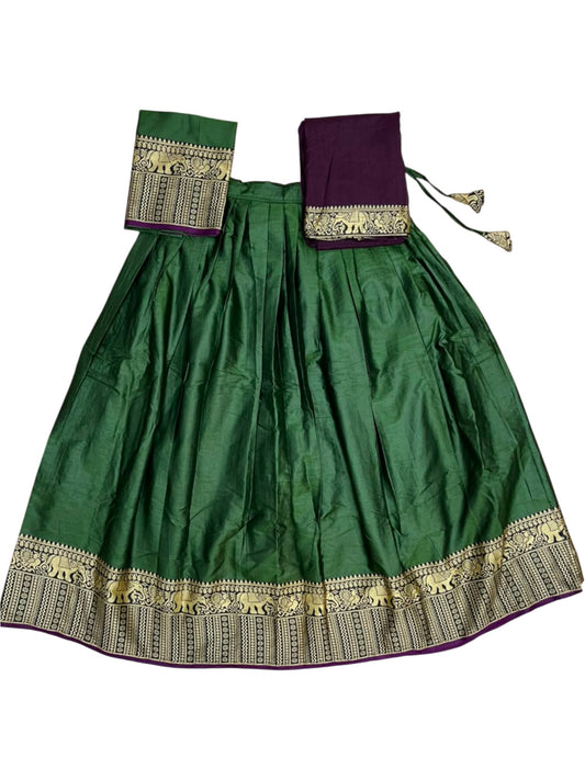 Southloom Semi Stitched Narayanpet Dhavani Set with Pavada and Olive Green Blouse Piece SLDHAVANI SL541
