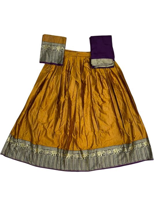 Southloom Semi Stitched Narayanpet Dhavani Set with Pavada and Mustard Yellow Blouse Piece SLDHAVANI SL541