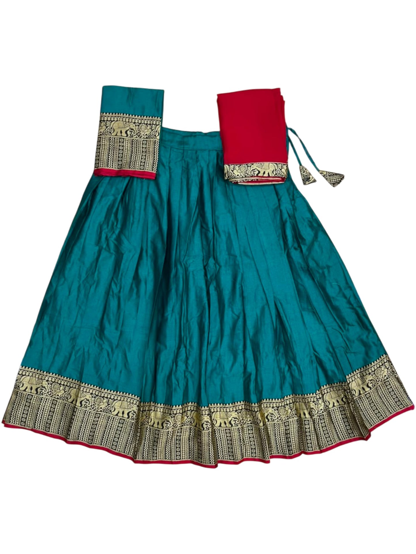 Southloom Semi Stitched Narayanpet Dhavani Set with Pavada and Peacock Blue Blouse Piece SLDHAVANI SL541