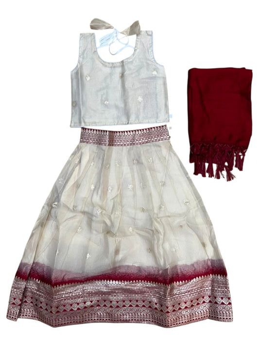 Southloom Stitched Organza Dhavani Set with Pavada and Blouse Piece in Maroon SLKDHAVANI