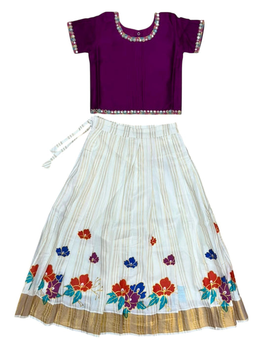 Southloom Kerala Cotton Kasavu Pavada Blouse with for Kids in Purple