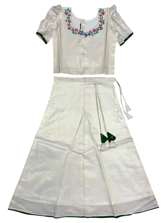 Southloom Kerala Tissue Kasavu Pavada Blouse with for Kids in Olive Green