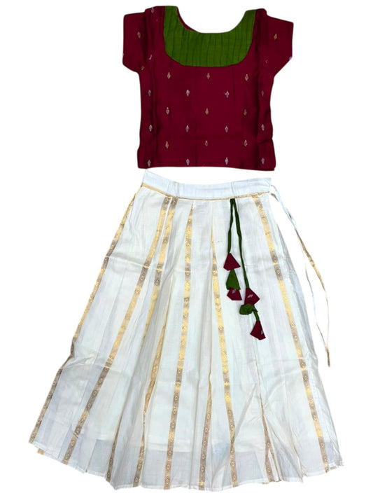 Southloom Kerala Cotton Kasavu Pavada Blouse with for Kids