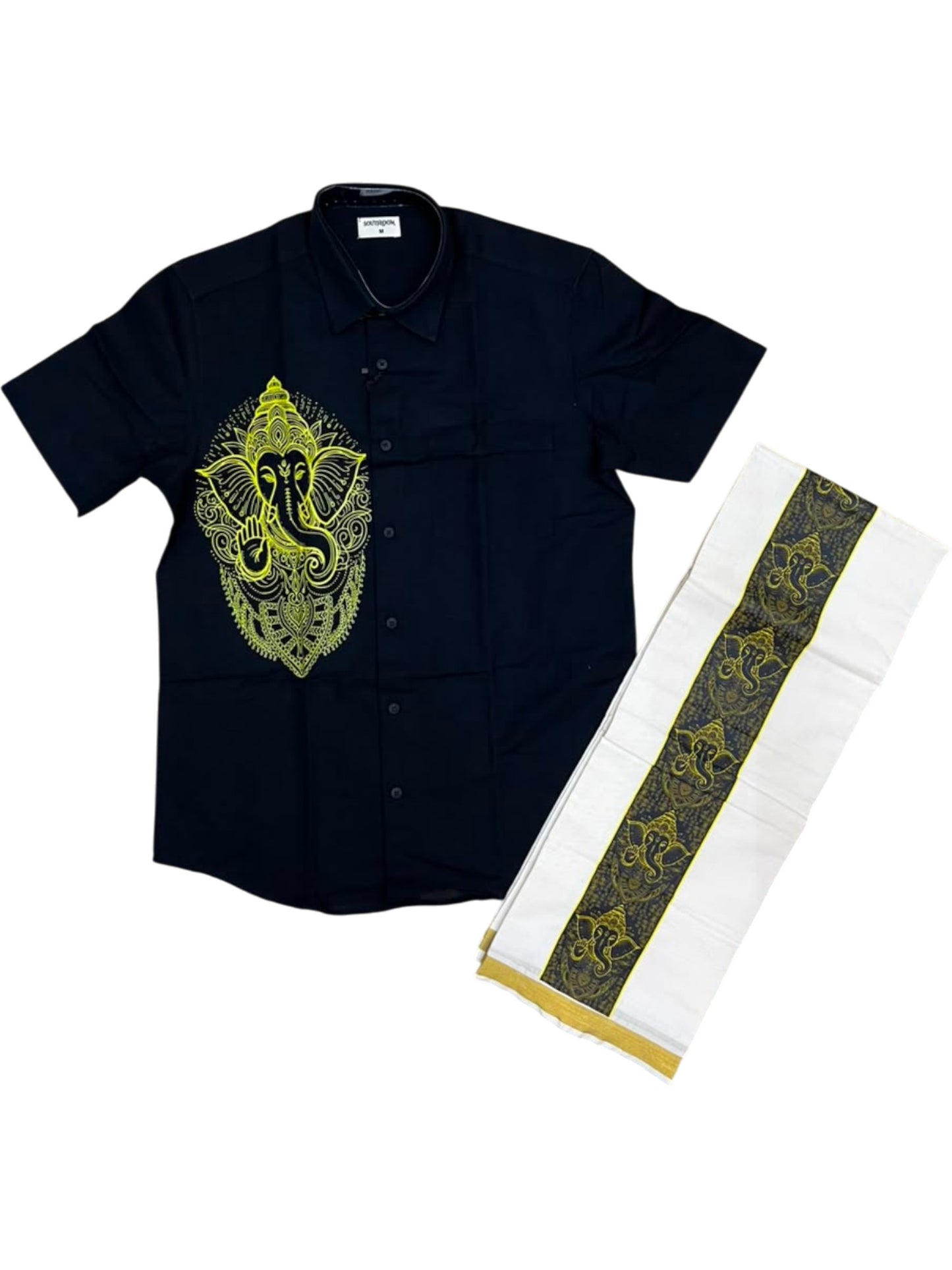 Southloom Ganesha Art Work Men's Combo (Shirt + Mundu) in Black