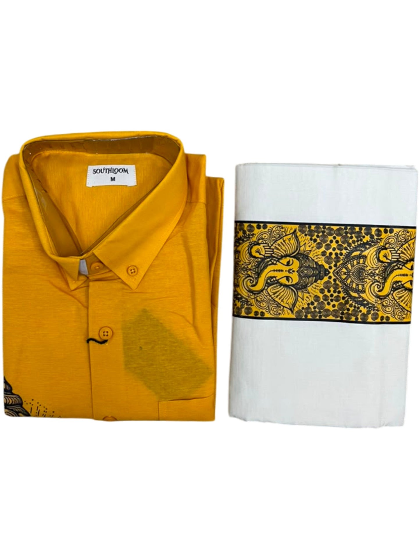 Southloom Ganesha Art Work Men's Combo (Shirt + Mundu) in Yellow