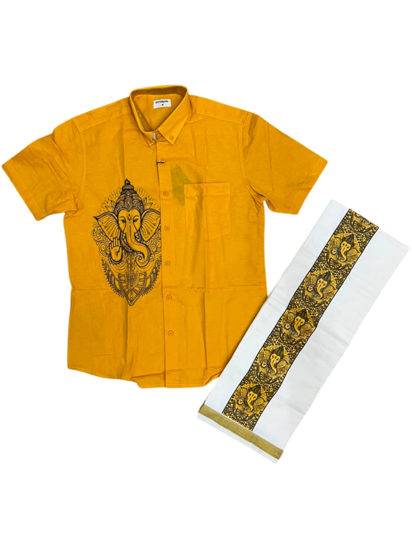Southloom Ganesha Art Work Men's Combo (Shirt + Mundu) in Yellow