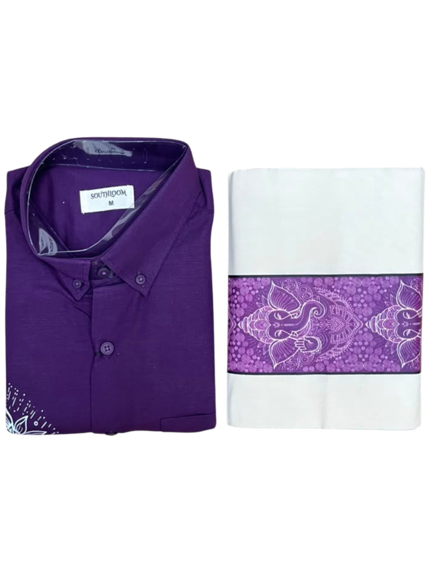 Southloom Ganesha Art Work Men's Combo (Shirt + Mundu) in Purple