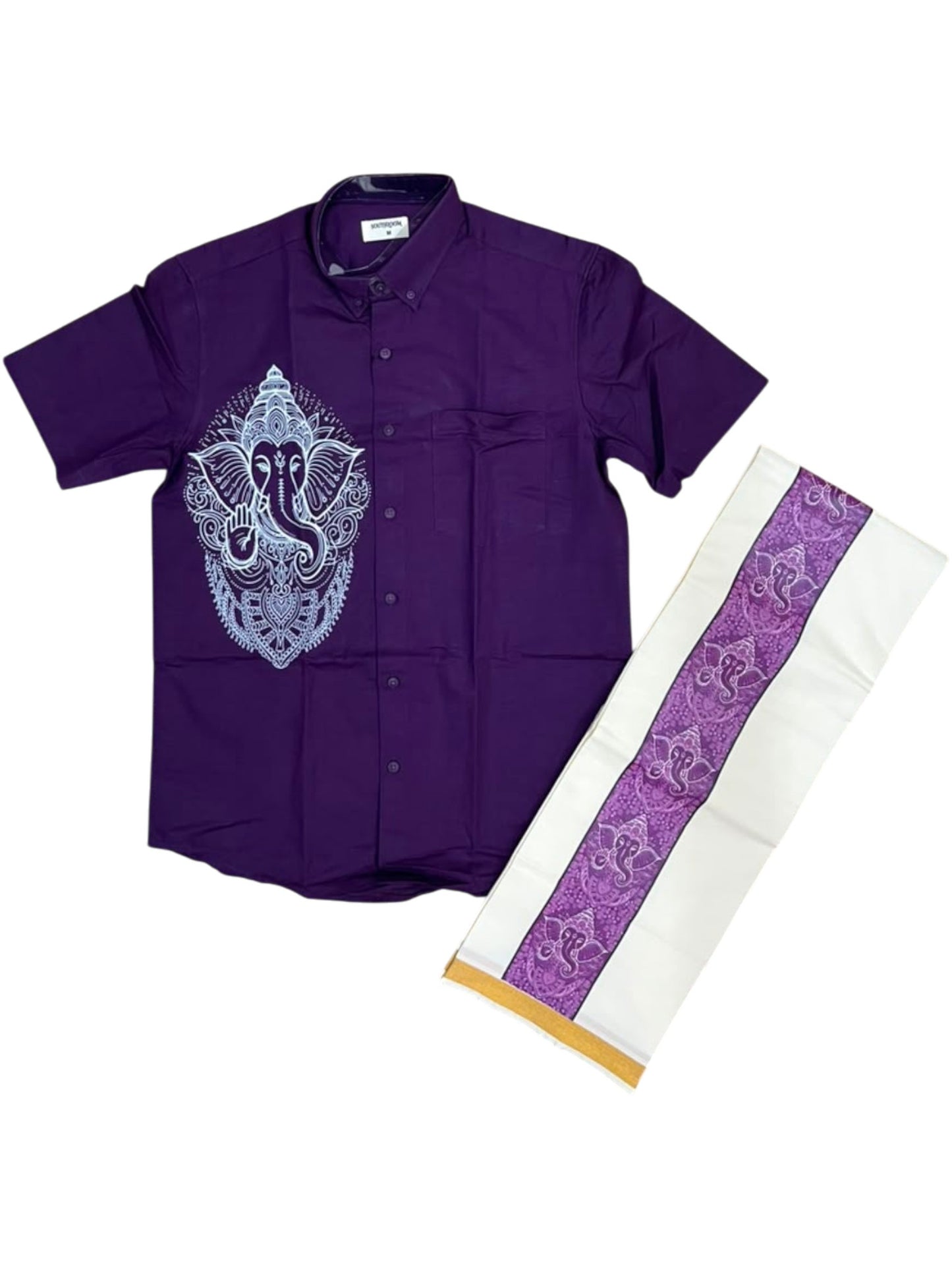 Southloom Ganesha Art Work Men's Combo (Shirt + Mundu) in Purple