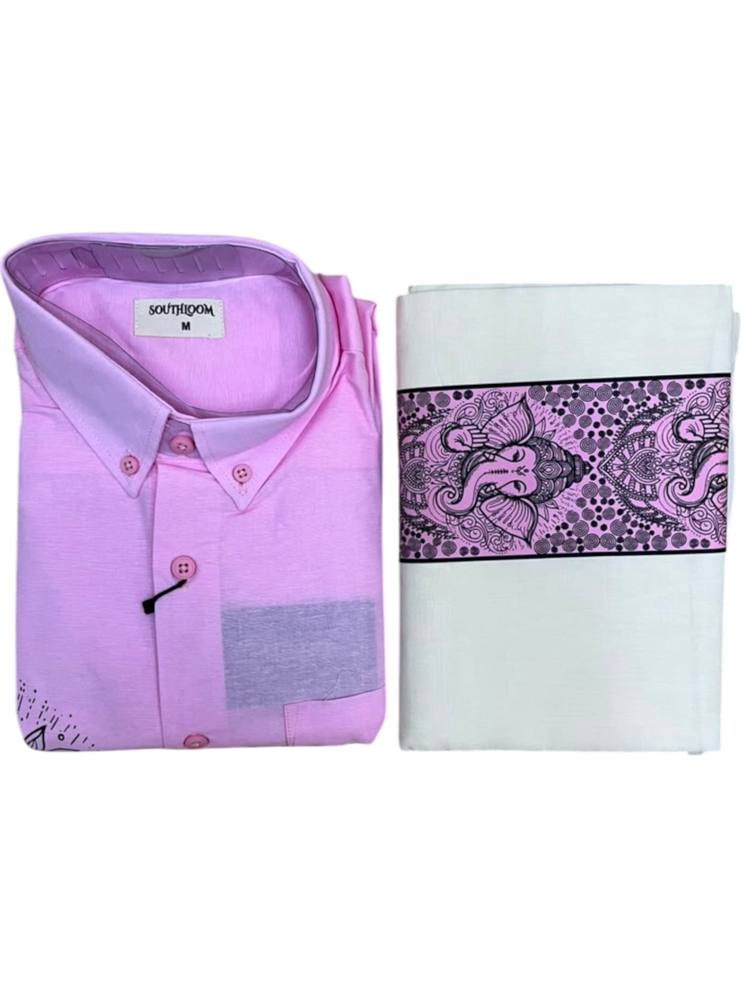 Southloom Ganesha Art Work Men's Combo (Shirt + Mundu) in Pink