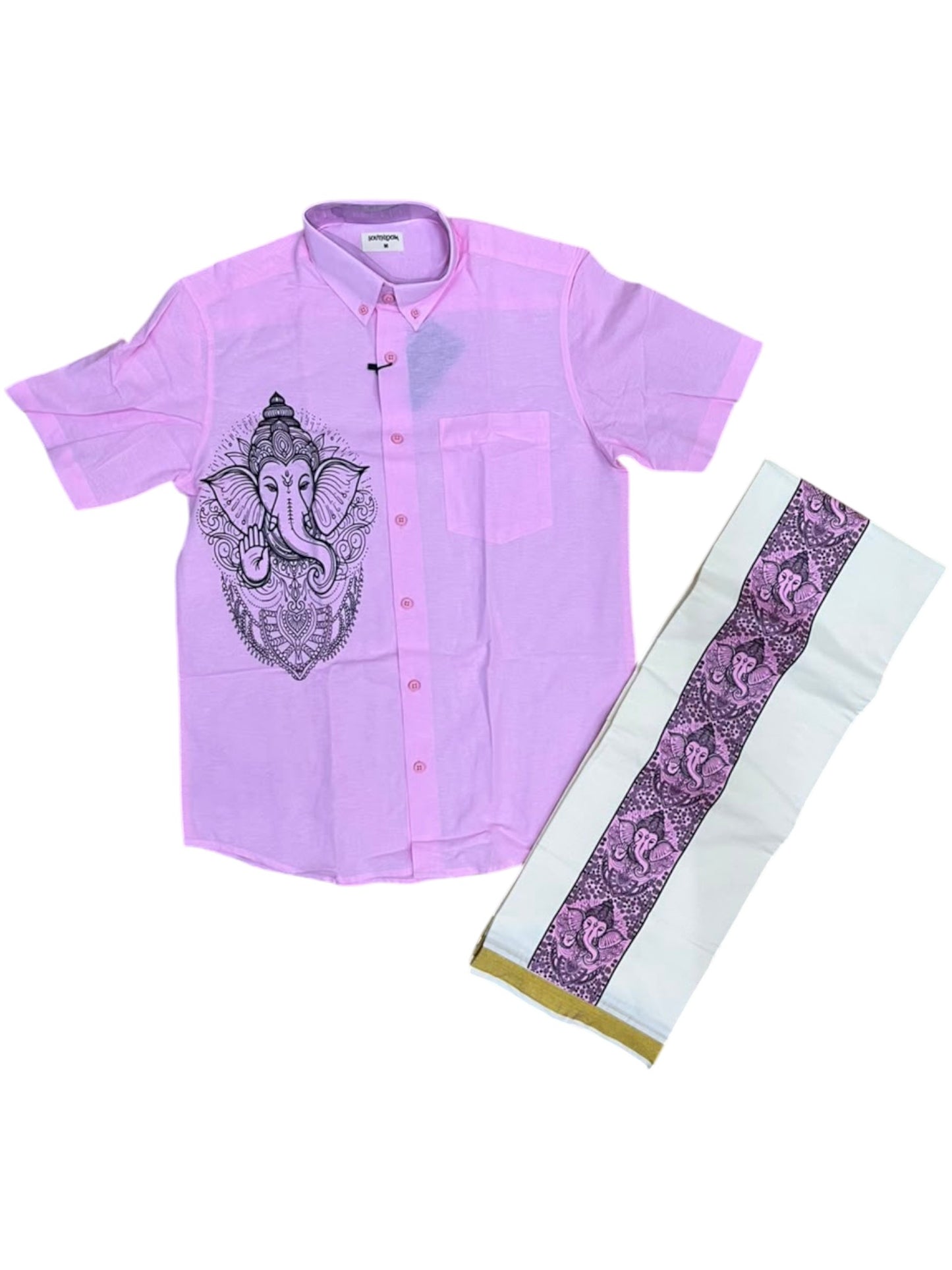 Southloom Ganesha Art Work Men's Combo (Shirt + Mundu) in Pink