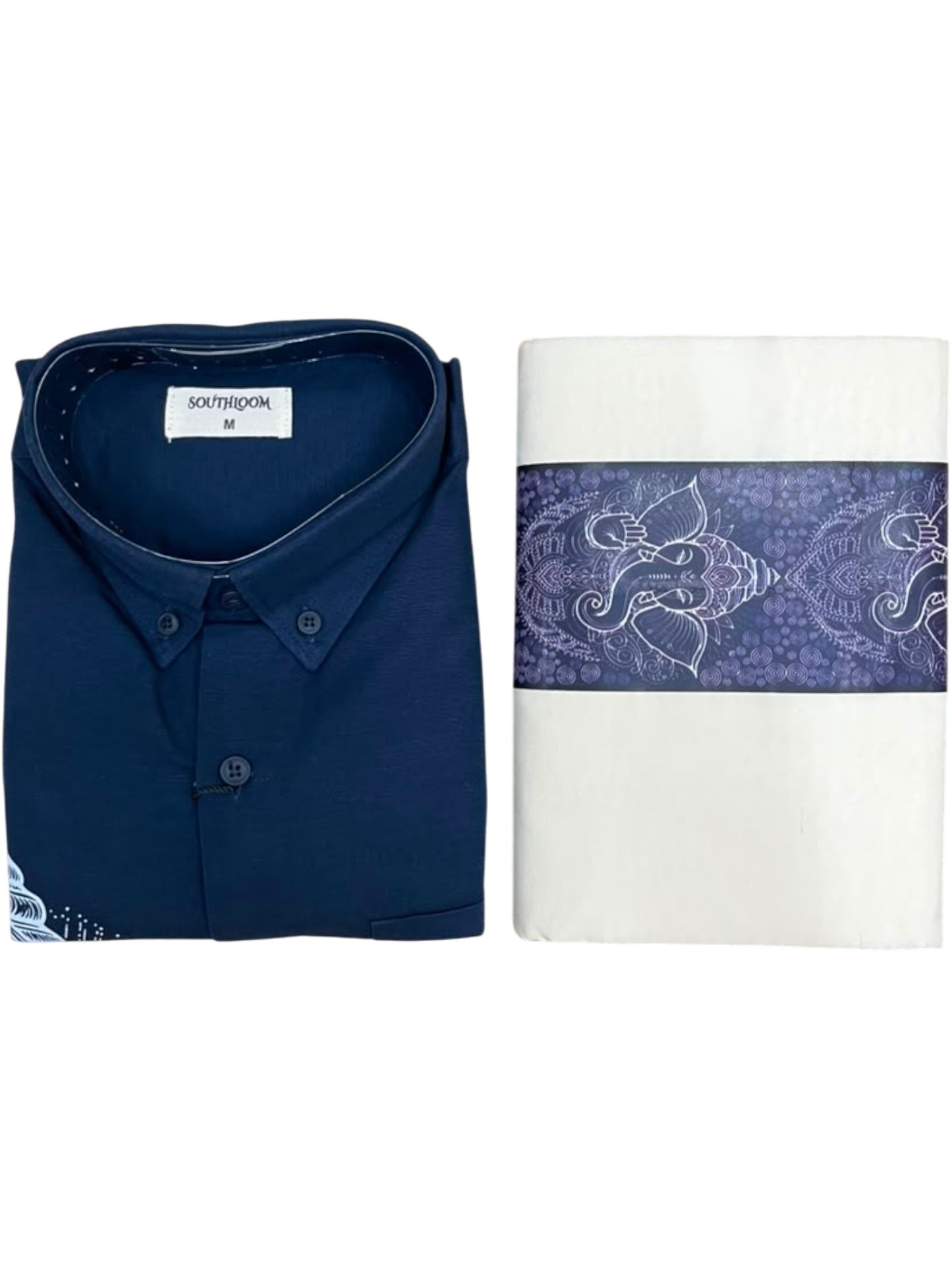 Southloom Ganesha Art Work Men's Combo (Shirt + Mundu) in Navy Blue