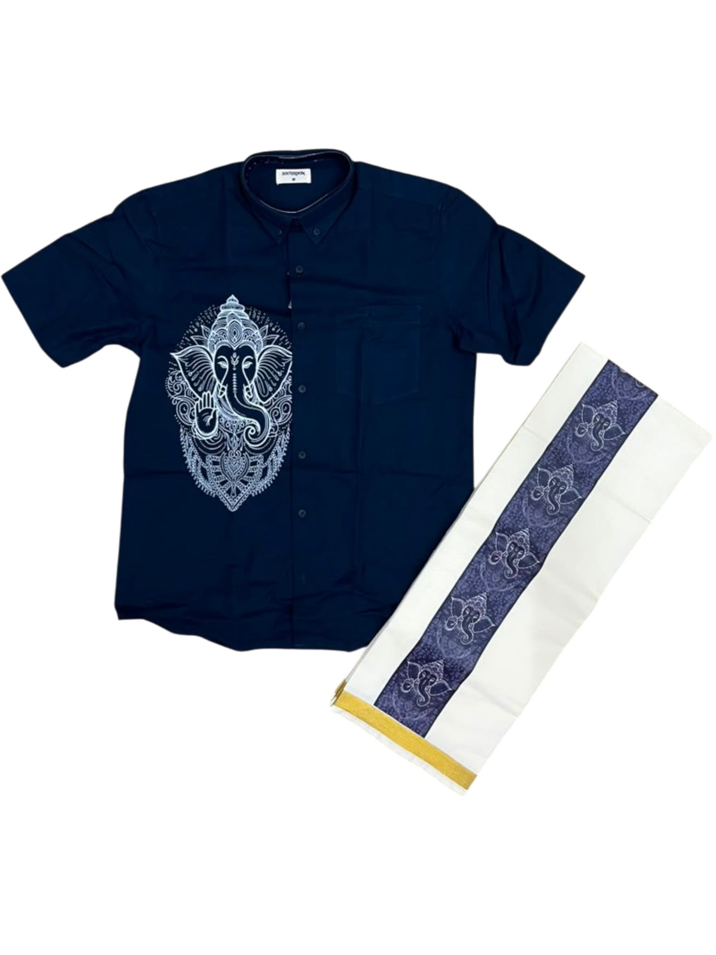 Southloom Ganesha Art Work Men's Combo (Shirt + Mundu) in Navy Blue