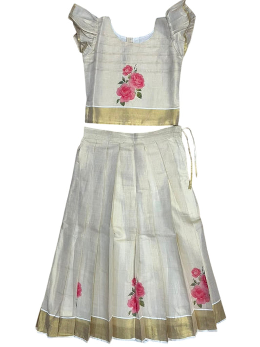 Southloom Kerala Tissue Kasavu Pavada Blouse with for Kids