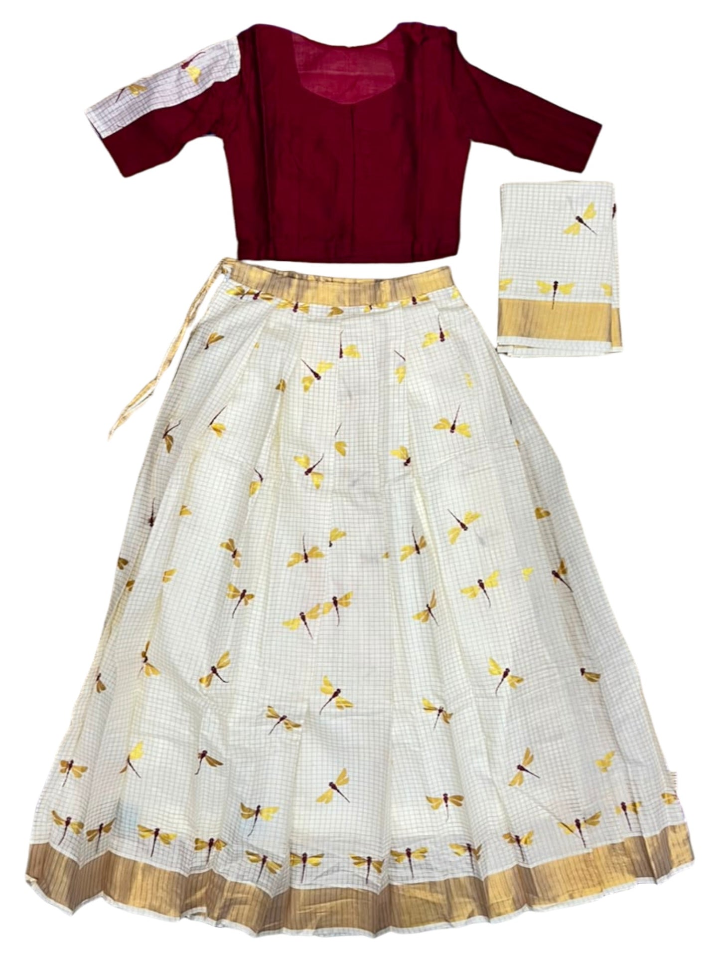 Southloom Semi Stitched Cotton Check Dhavani Set with Pavada and Blouse Piece in Maroon