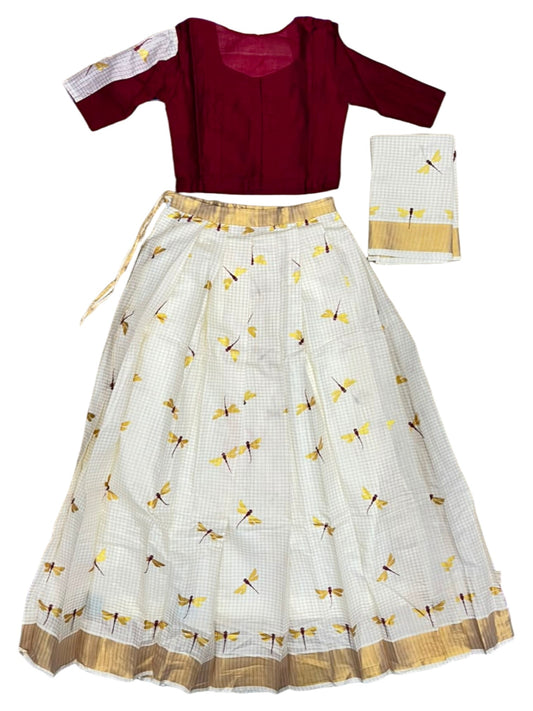 Southloom Semi Stitched Cotton Check Dhavani Set with Pavada and Blouse Piece in Maroon