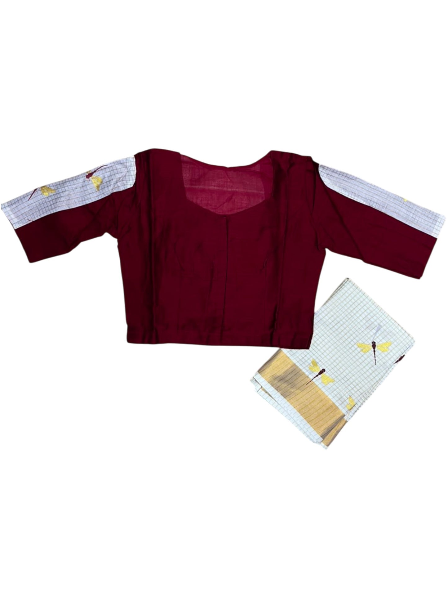 Southloom Semi Stitched Cotton Check Dhavani Set with Pavada and Blouse Piece in Maroon