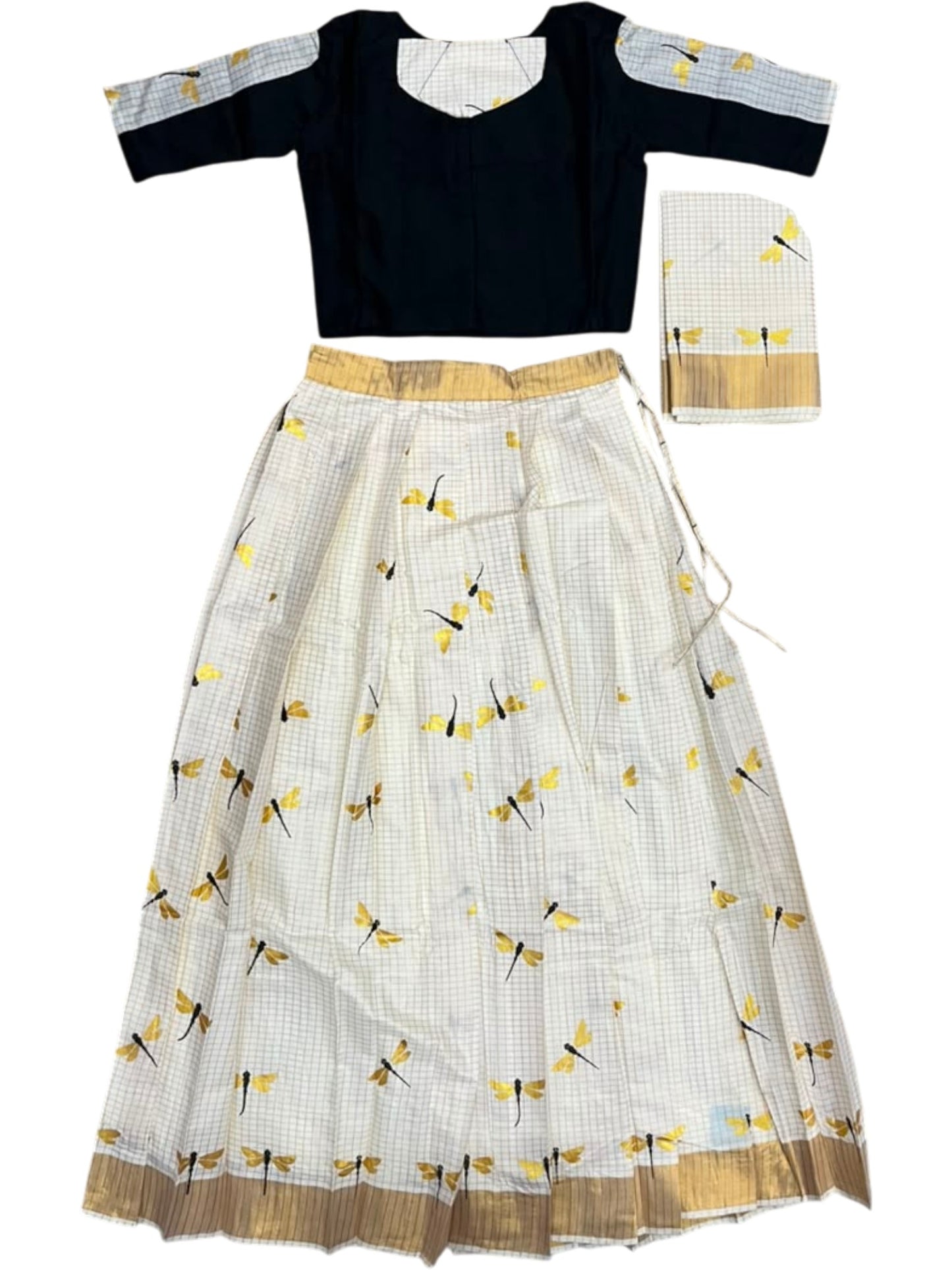 Southloom Semi Stitched Cotton Check Dhavani Set with Pavada and Blouse Piece in Black