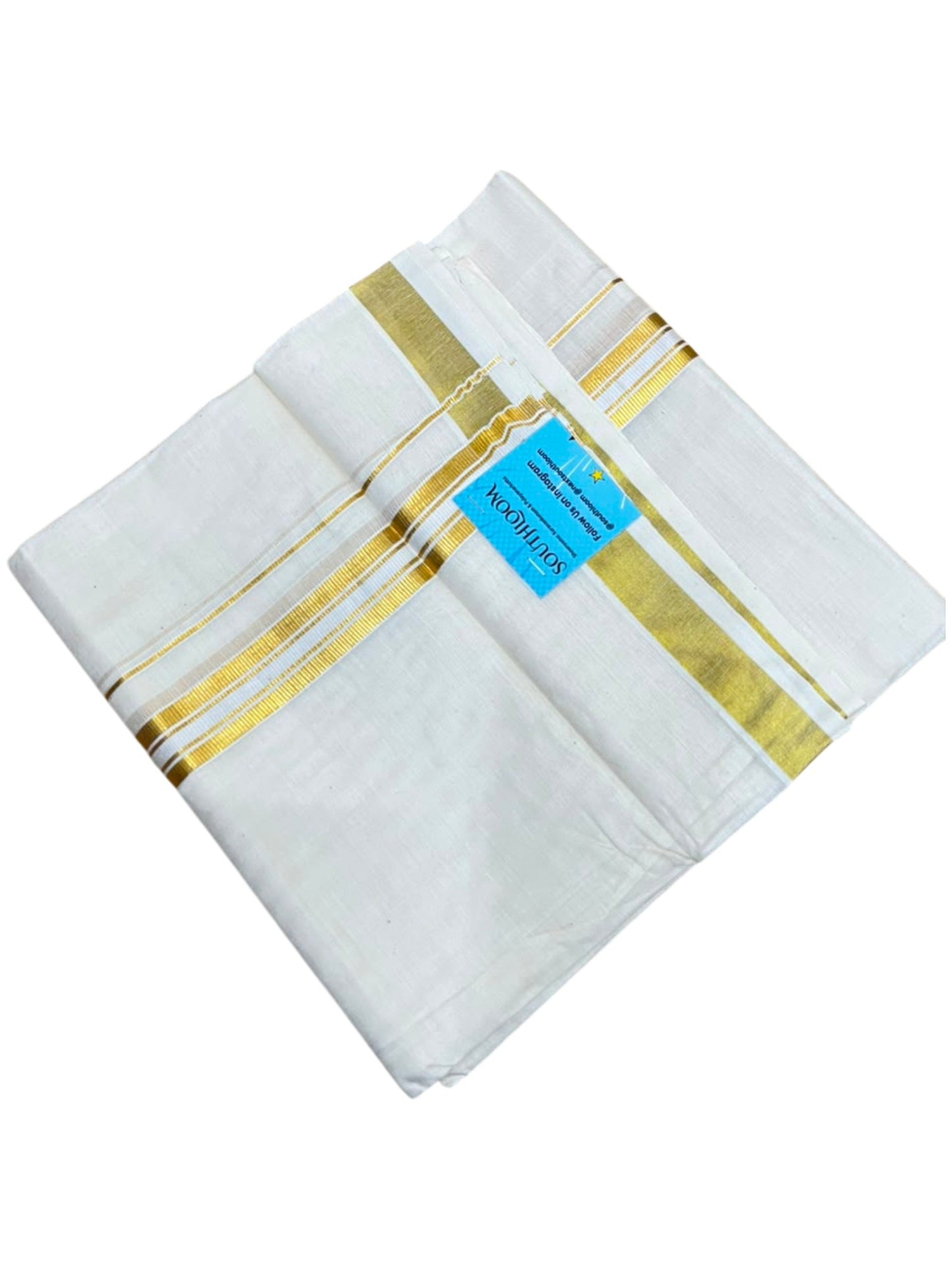 Southloom Kerala Pure Cotton Double Mundu with Gold Kasavu and Border (South Indian Dhoti)